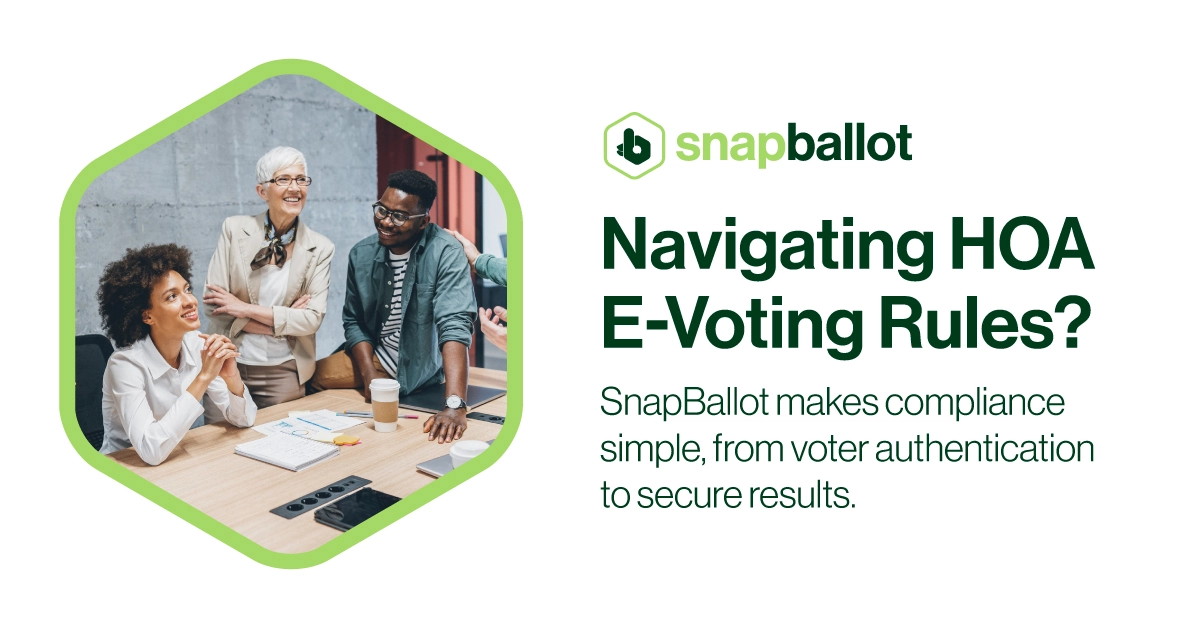 Three people smiling and talking around a conference table with papers and a laptop. The text reads: Navigating HOA E-Voting Rules? SnapBallot makes compliance simple, from voter authentication to secure results.
