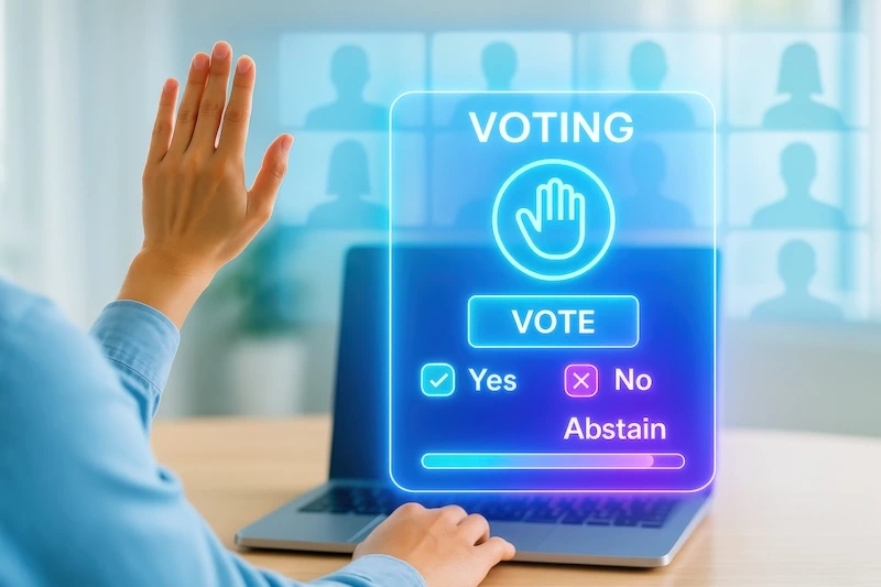A person raises their hand in front of a laptop displaying a futuristic digital voting interface with options: Yes, No, and Abstain. Silhouettes of people are visible in the blurred background.