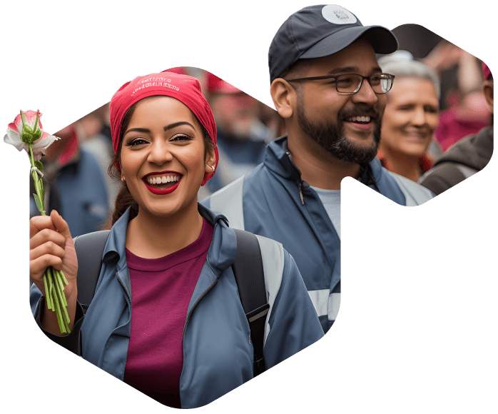 A smiling woman with a red bandana holds a flower, standing next to a man in a cap. Both wear jackets and are part of a cheerful group outdoors, discussing union voting systems and the benefits of using an efficient union poll tool.
