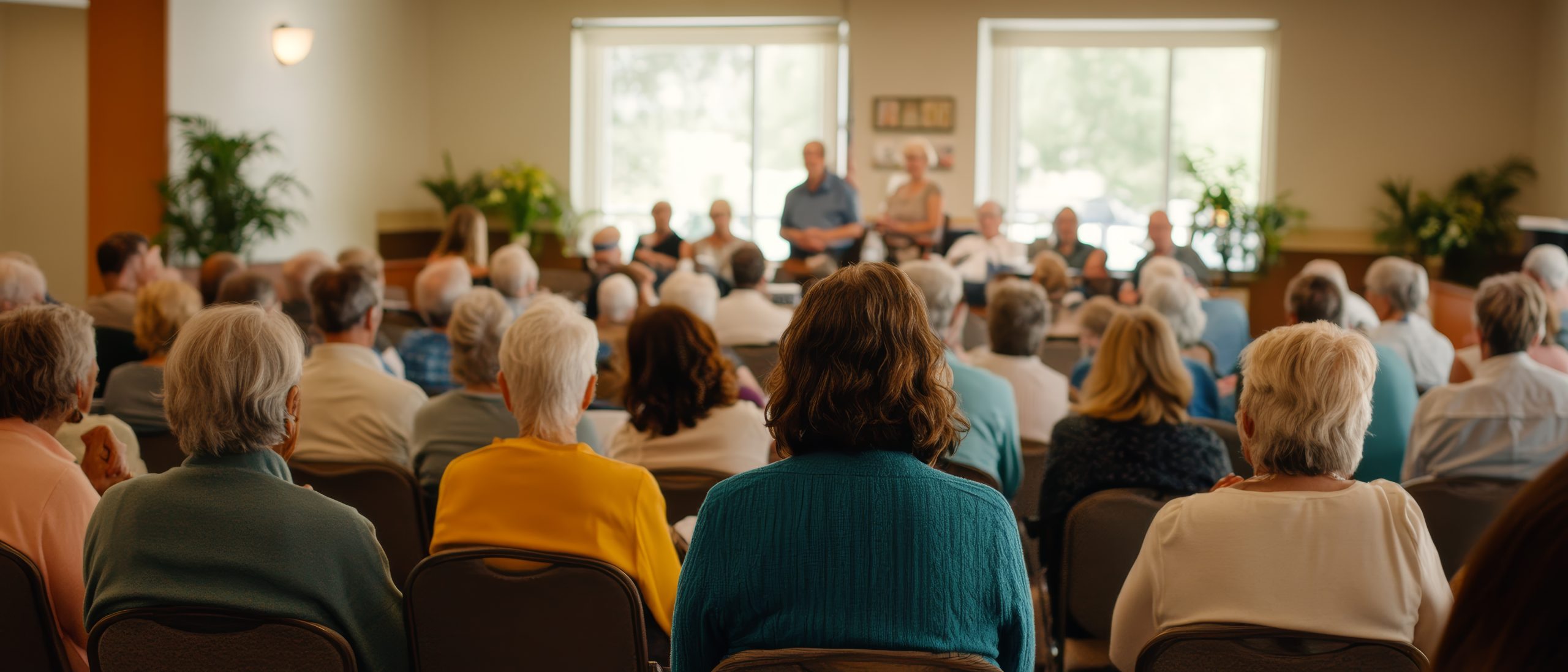 A group of elderly people sit in rows of chairs, attentively listening to speakers at the front of a bright community room during an HOA meeting, with large windows and potted plants boosting attendance.