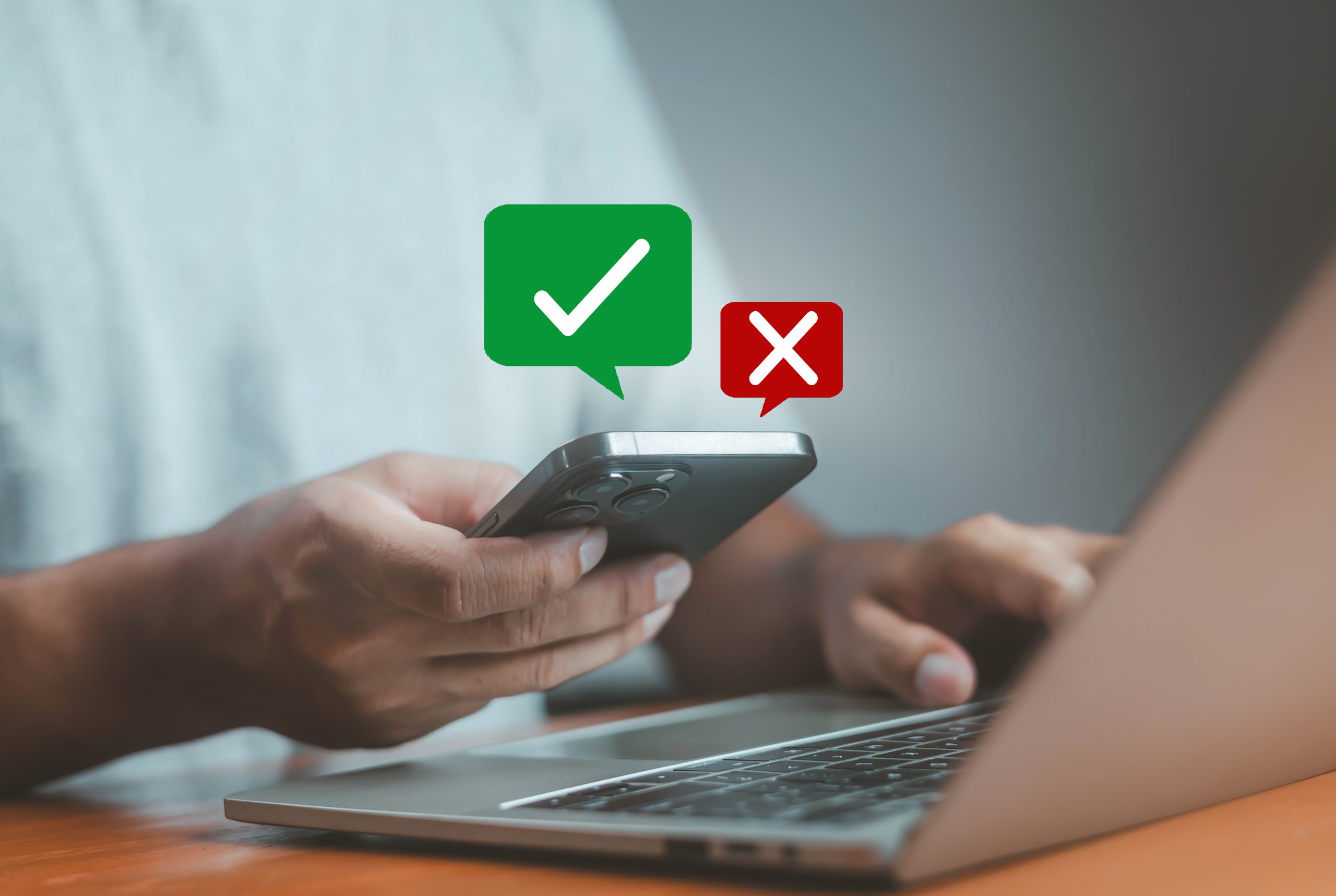 Mobile decision concept with check mark and cross symbol on smartphone screen, representing approval or rejection, online voting, digital survey, user feedback, and app interaction. A person uses a smartphone while working on a laptop, with green check and red X symbols floating above, representing secure online voting and the process of making approval or rejection choices.