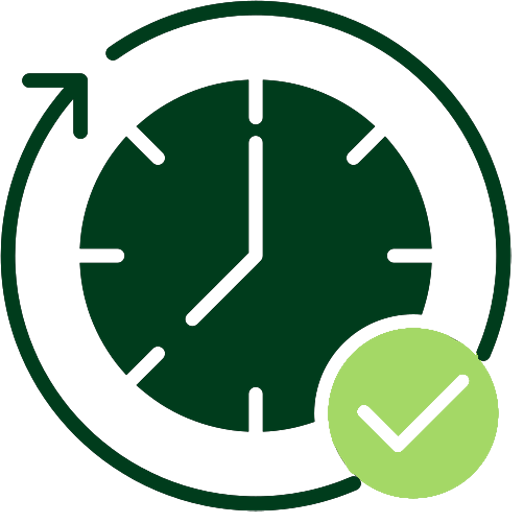 A green clock with a green arrow pointing at the hour hand, indicating the time clearly.