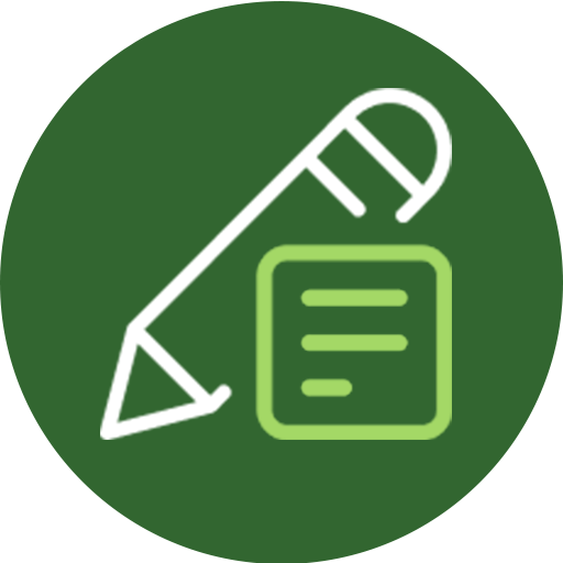 Green and white icon featuring a pen poised above a sheet of paper, symbolizing writing or note-taking.