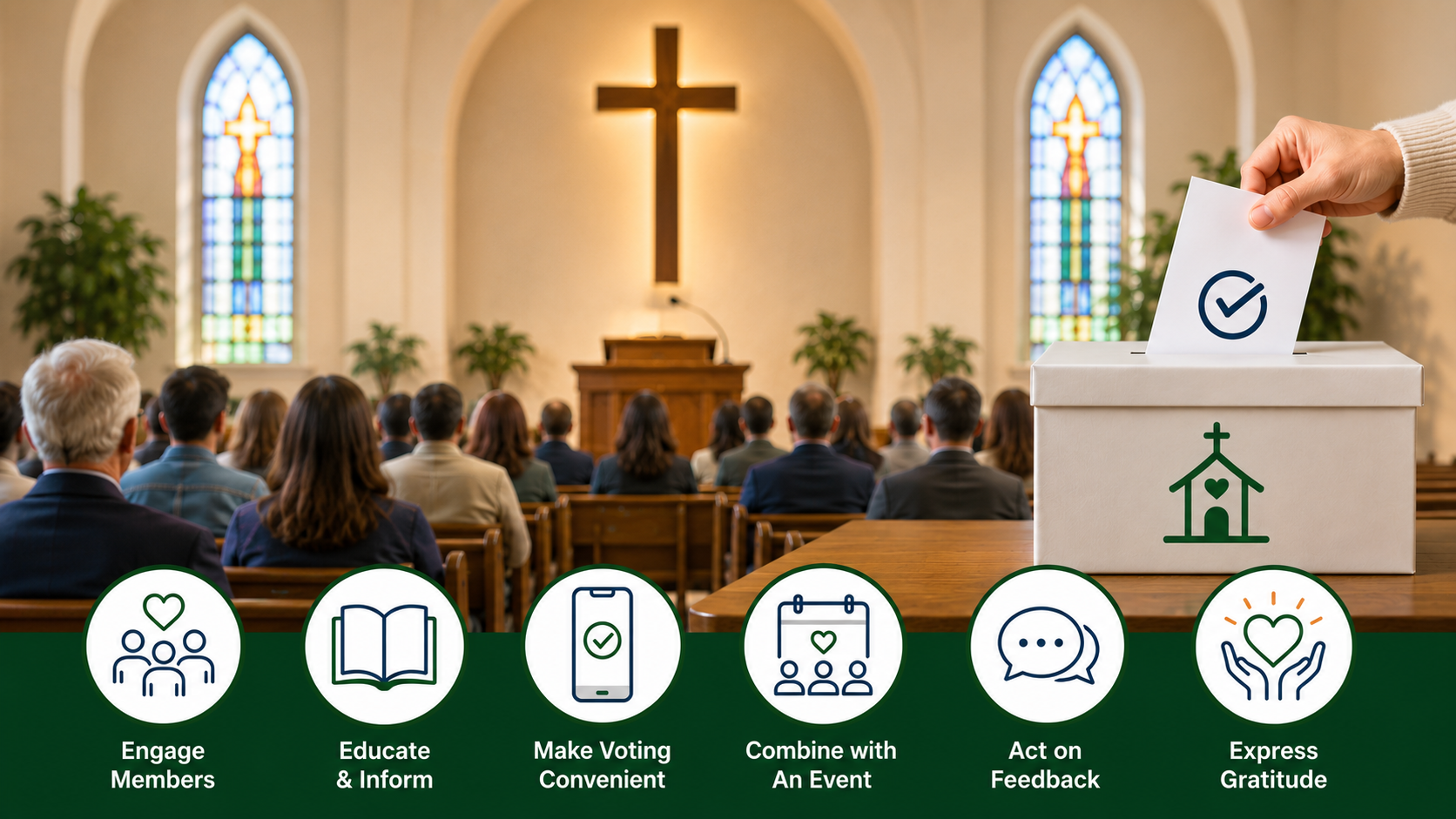 A person casts a ballot in a church with people seated and a cross in the background, evoking the sense of community found during church elections. Icons below represent ways to encourage voting, such as engaging members, informing, and expressing gratitude.