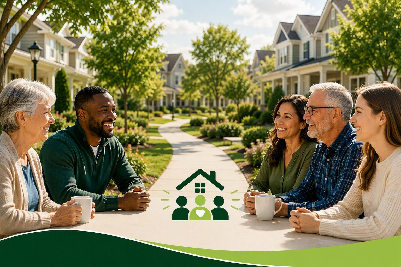 SB-Blog 18-custom-feature-image A diverse group of four people sit at an outdoor table, smiling at each other and enjoying a moment of homeowner engagement. In the center is a graphic of a house with stylized figures, symbolizing community involvement. The background shows a sunny, tree-lined residential street with houses—an inviting setting perfect for discussing topics like HOA elections.