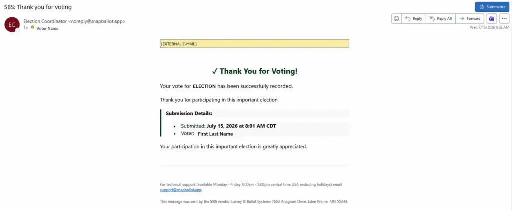 Confirmation page thanking the voter and confirming that the ballot was successfully submitted.