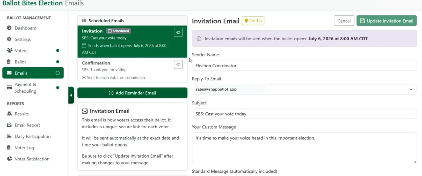 Screenshot of an email scheduling interface in SnapBallot for Ballot Bites Election. It shows details for scheduling and customizing an invitation email, including sender info, subject, and message preview.
