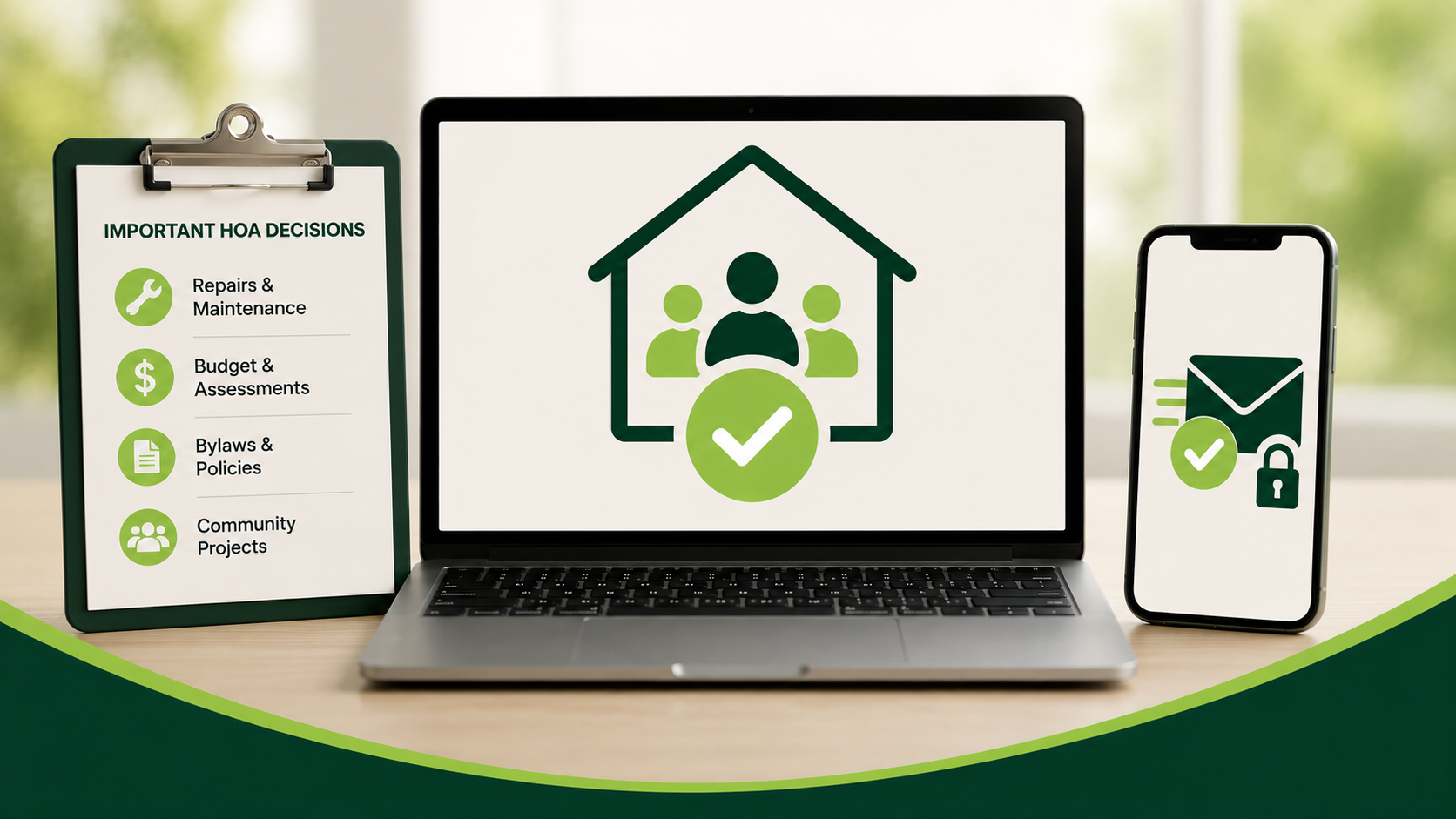 QuorumBlog-graphic A laptop displays a house with people and a checkmark, highlighting the convenience of HOA online voting. Beside it, a clipboard lists HOA decisions—perfect for tracking your community’s choices and ensuring HOA quorum. A phone shows an envelope and lock icon, emphasizing secure communications. The background is bright and green.