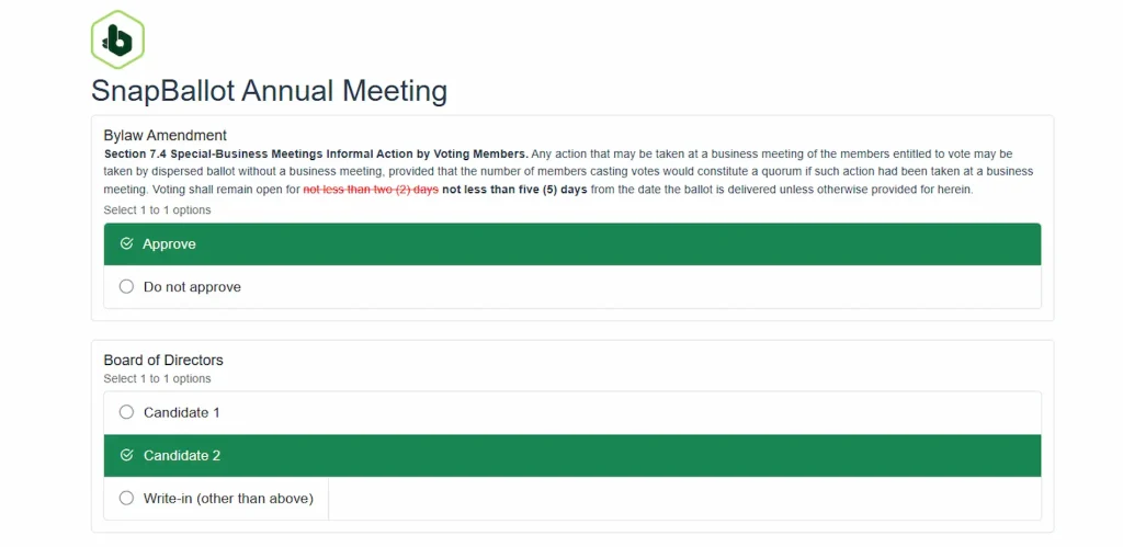 Online SnapBallot ballot displayed with selectable voting choices for a meeting and board of directors.