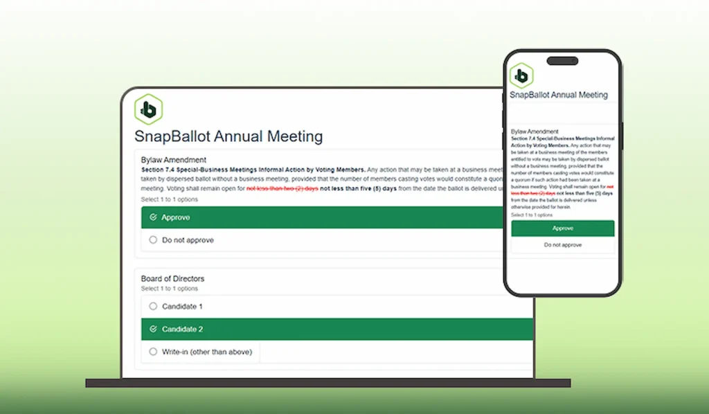 SnapBallot ballot shown on a laptop with a mobile version displayed alongside it.