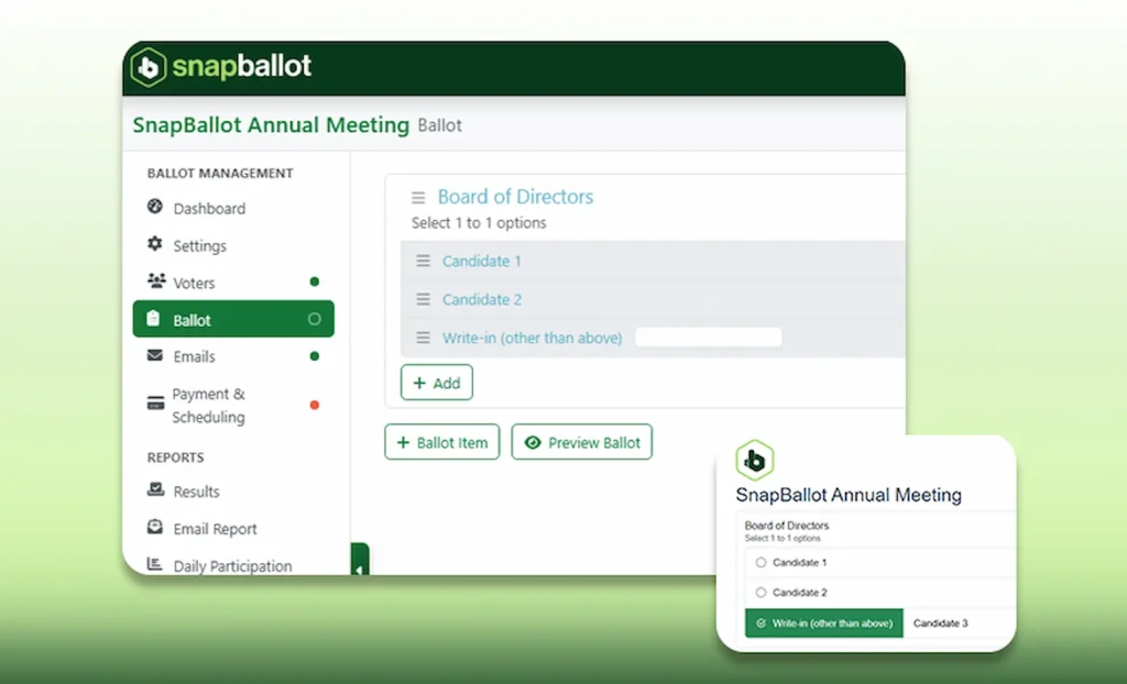 SnapBallot ballot builder showing ballot items, candidate choices, and a mobile ballot preview.