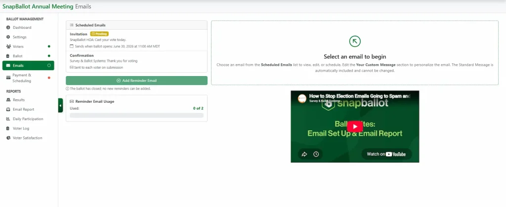 SnapBallot email management screen showing election email settings and an email preview.