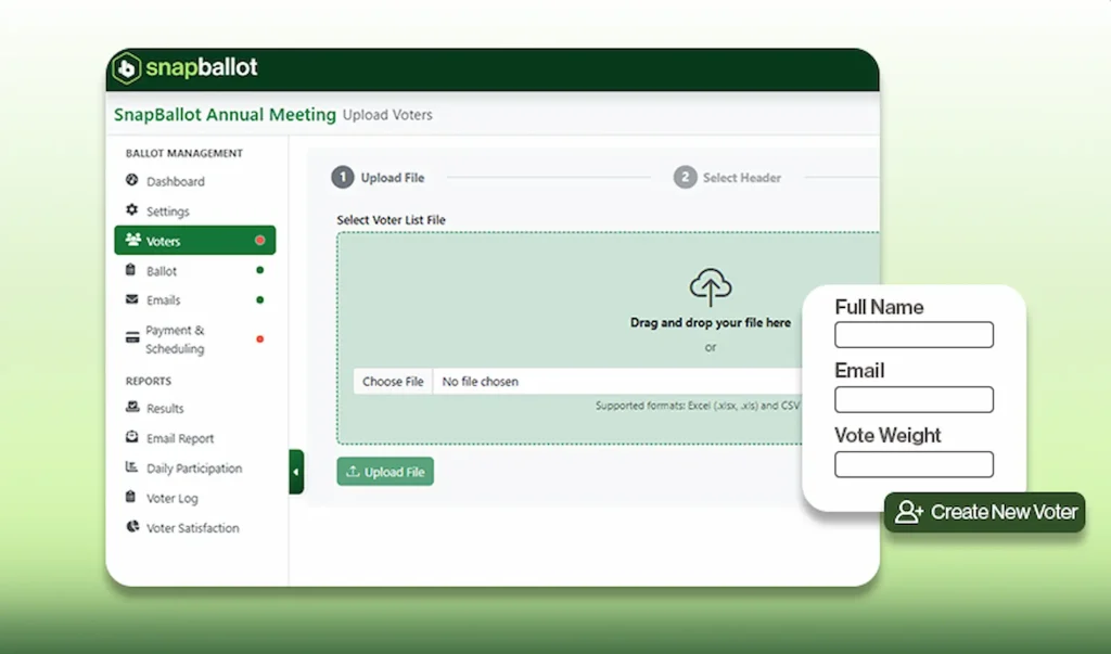 SnapBallot voter upload screen with options for importing a voter list and creating individual voters.