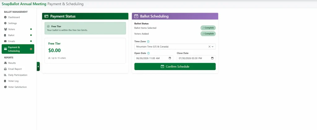 SnapBallot Payment & Scheduling page showing the free tier and election scheduling details.