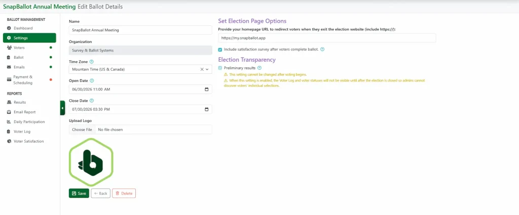 SnapBallot election setup dashboard showing ballot details and configuration options.