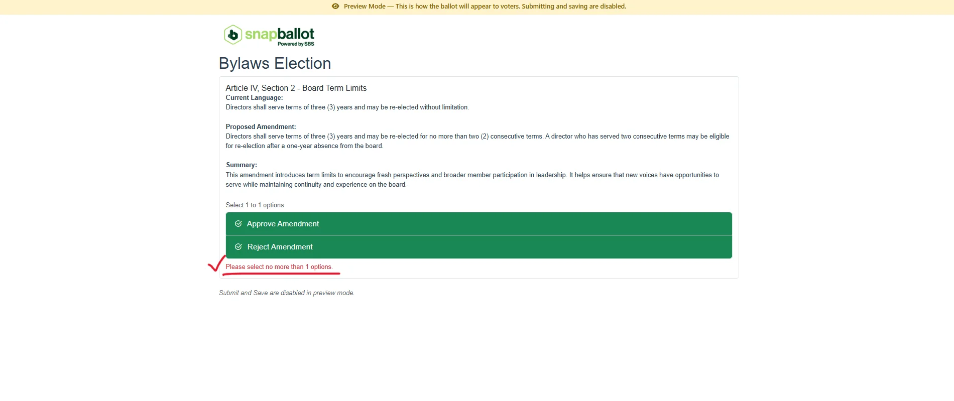 Ballot Preview showing two bylaw amendments and a warning after more voting choices are selected than allowed.