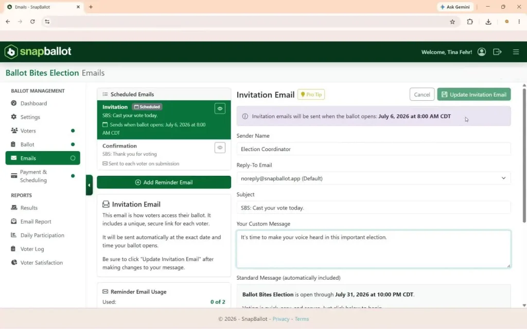 Invitation Email editor with sender, reply-to, subject, and custom-message fields.