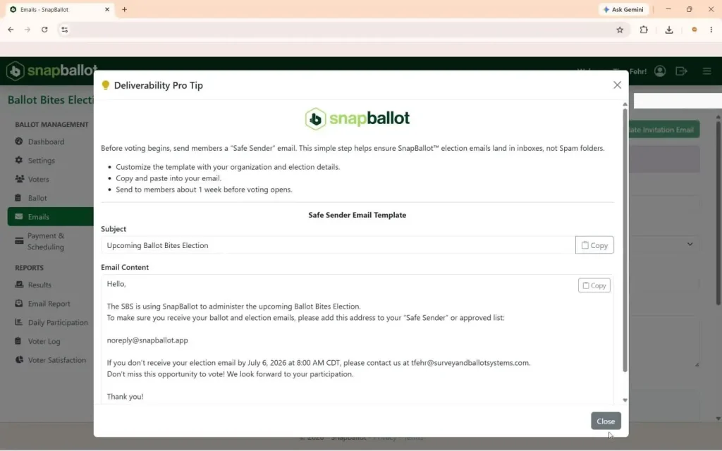 Deliverability Pro Tip window containing a customizable safe sender email template.
