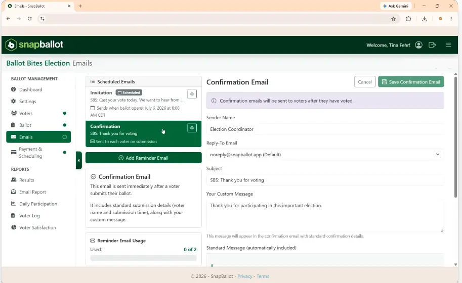 Confirmation Email editor with sender, subject, custom message, and save controls.