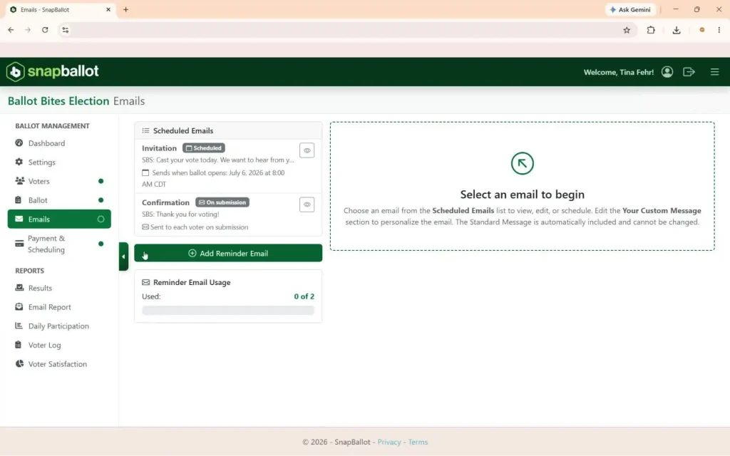 Scheduled Emails panel with the Add Reminder Email button beneath the invitation and confirmation messages.