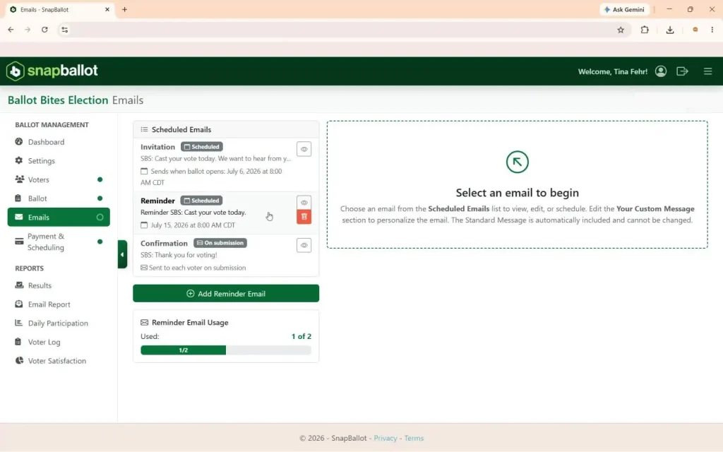 Scheduled reminder email and usage meter showing one of two included reminders used.
