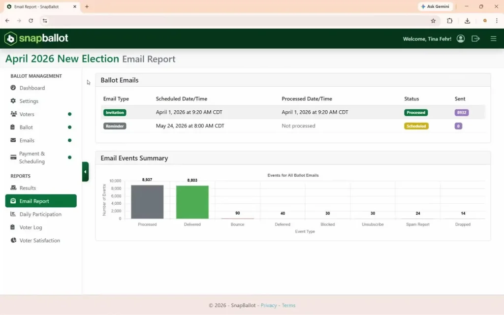 Email Report showing invitation and reminder records with an email-events delivery summary.