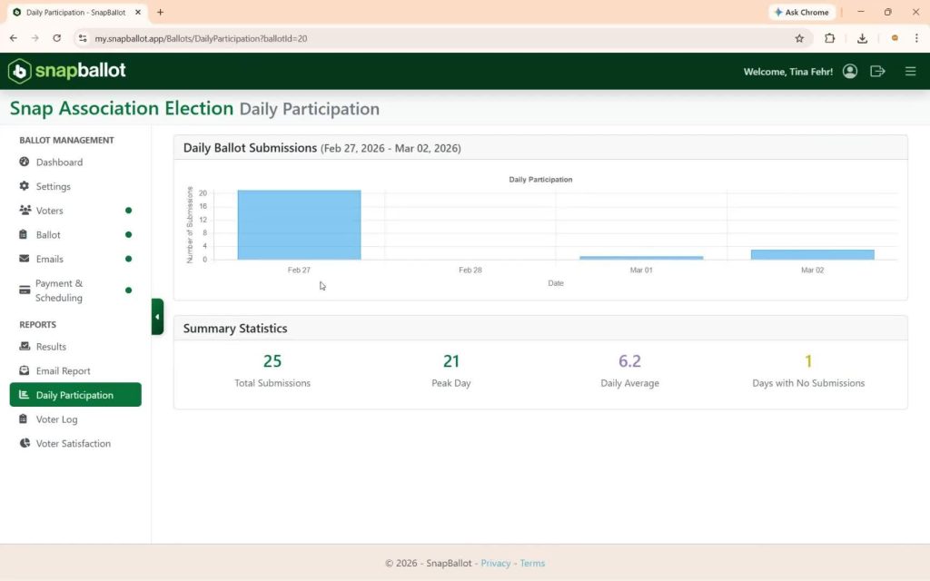 The Daily Participation chart of ballot submissions by date, with Total Submissions, Peak Day, Daily Average, and Days with No Submissions.