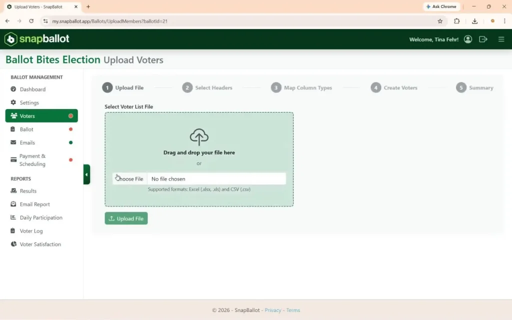 Selecting a voter list file to upload, with a status bar and instructions at the top.