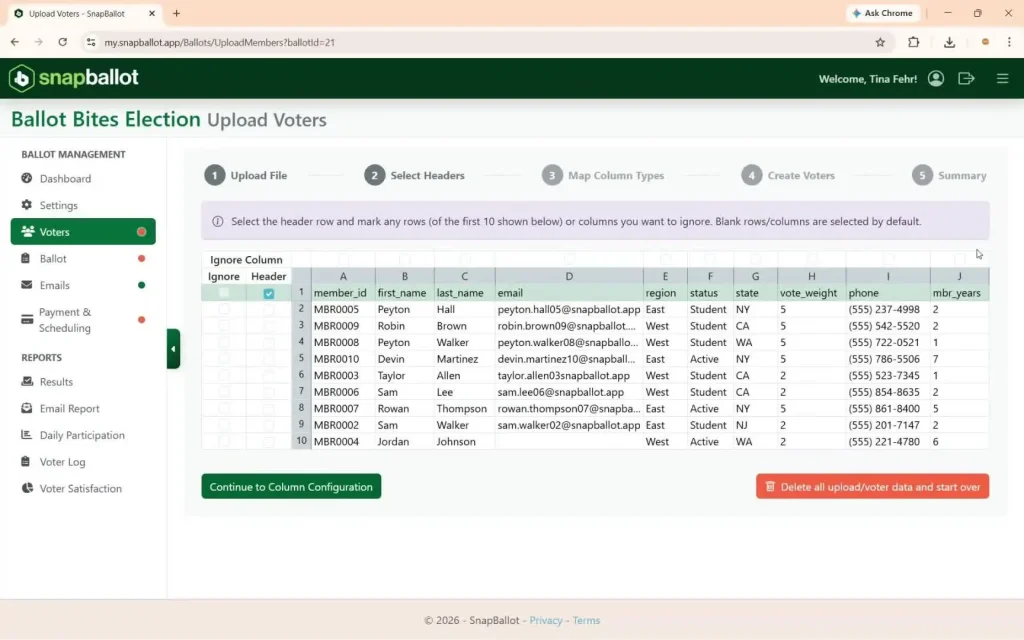 The column preview where you confirm which fields to include; unneeded columns are grayed out
