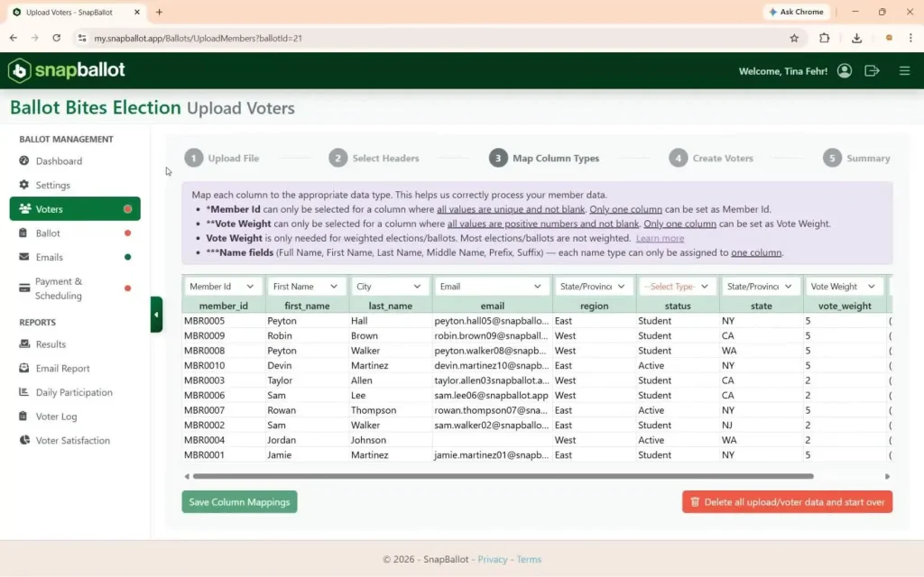 Mapping each uploaded column to the correct data type.