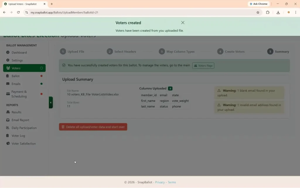A green confirmation bar showing that voters were created. The upload summary with the number of rows and columns imported.