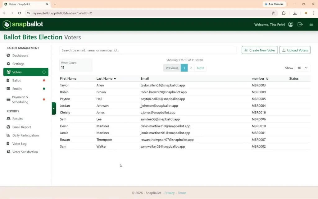 The voter list showing the total voter count and a 10-per-page view.