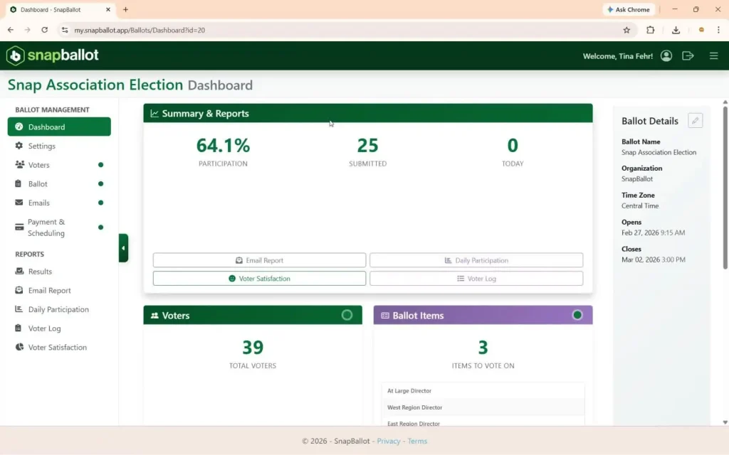 The Reports section in the left navigation with five report types: Results, Email Report, Daily Participation, Voter Log, and Voter Satisfaction.