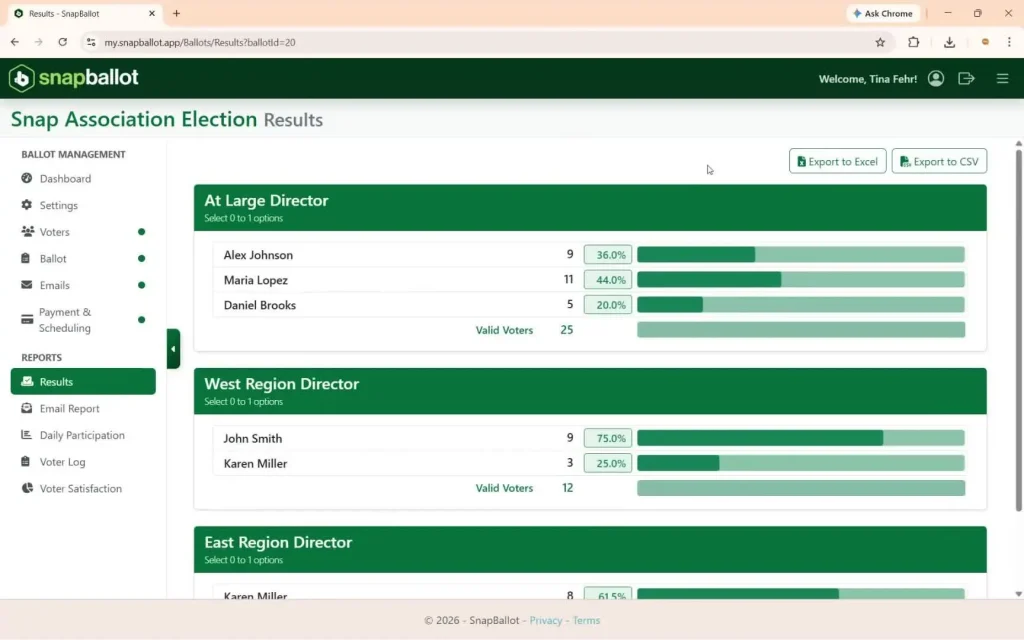 Exporting results to Excel or CSV, with offices separated into tabs.