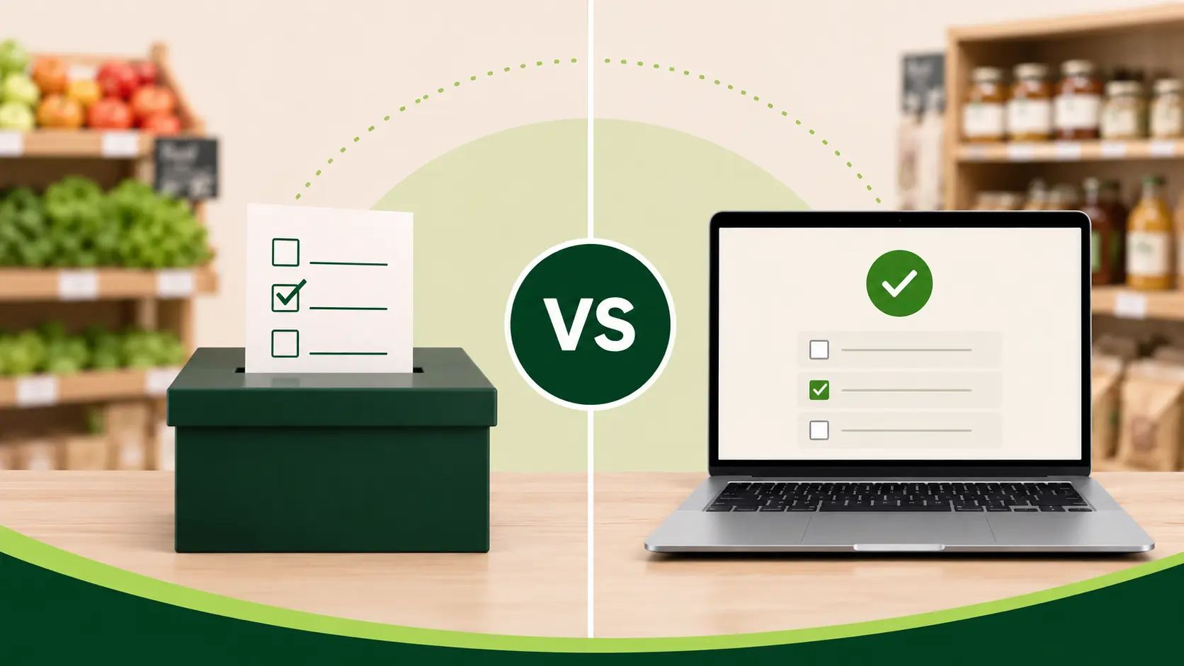 Food Co-op - use this one A split image showing a paper ballot box with check marks on the left and a laptop displaying a digital checklist with a green check mark on the right, illustrating a comparison between paper and digital voting in food co-op elections.