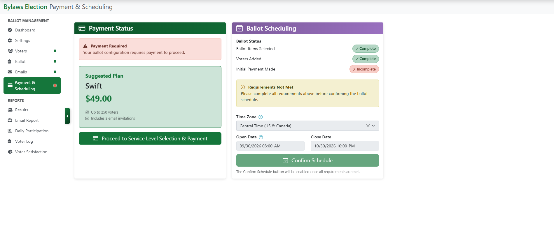 Payment & Scheduling page showing payment status, ballot scheduling information, and the button to proceed to service plan selection and payment.