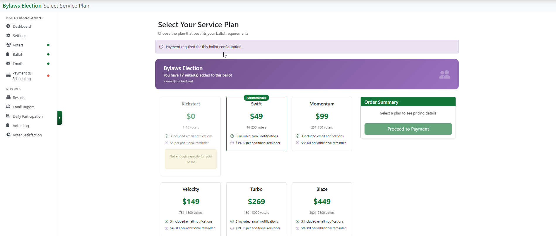 Service plan selection page showing the recommended plan based on the number of voters and available plan options.