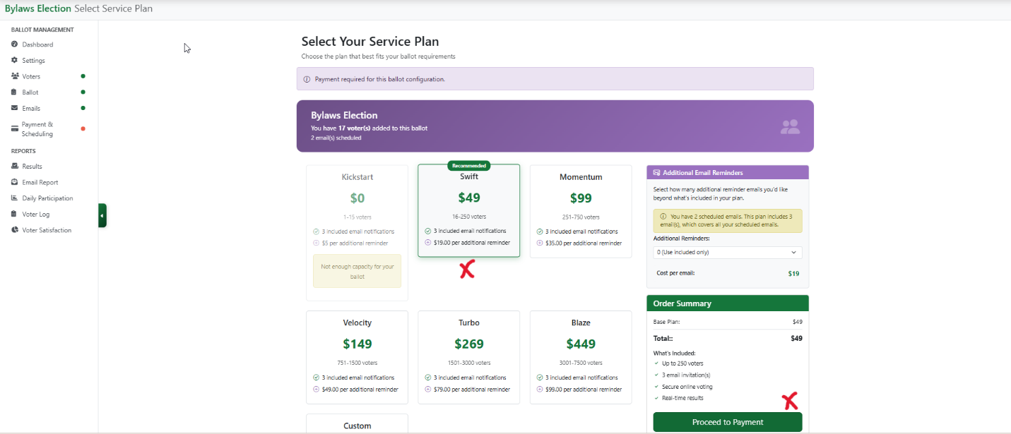 Service plan selection page with a plan highlighted and options to confirm the selected service level.