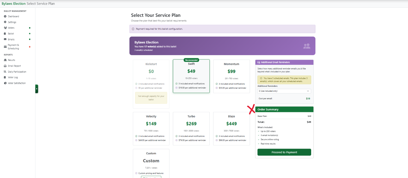 Service plan page displaying the selected plan and order summary before proceeding to payment.