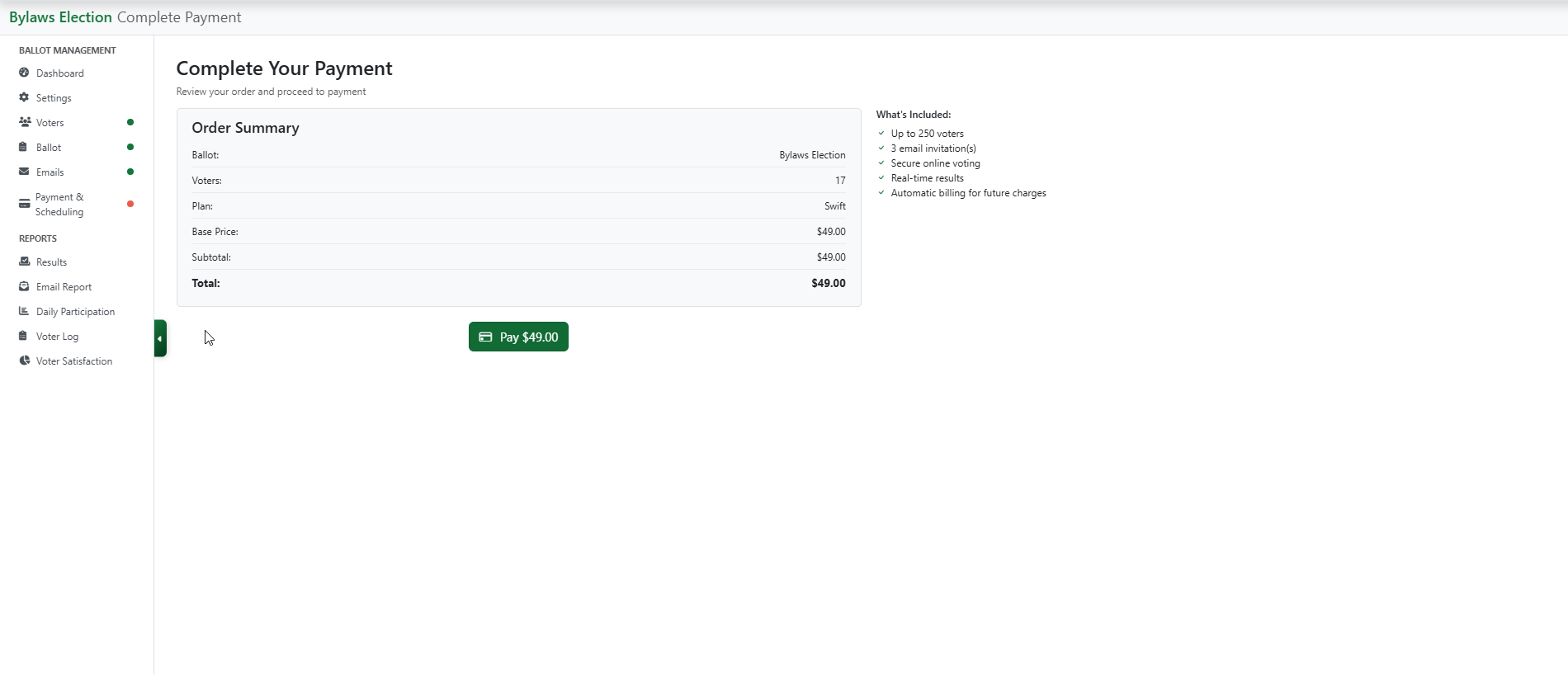 Complete Your Payment page showing the order summary, included services, total cost, and Pay button.