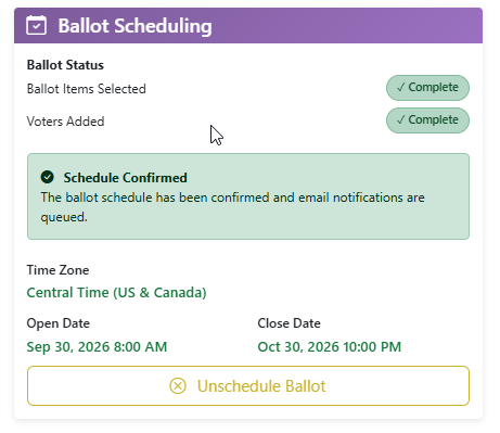 Ballot Scheduling panel showing completed items, confirmed schedule, time zone, and ballot open and close dates.