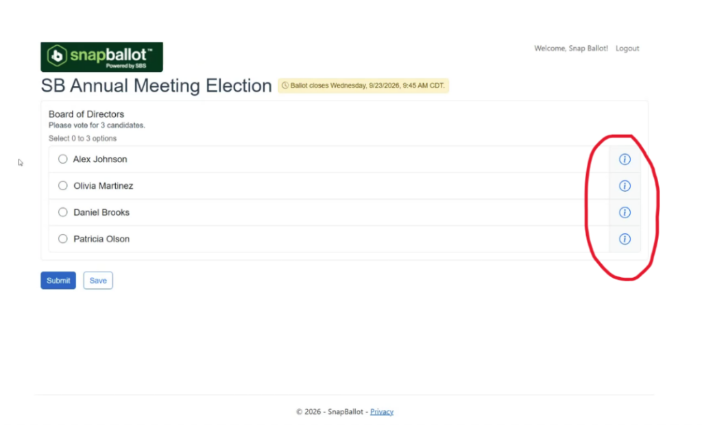 SnapBallot ballot screen with information icons circled beside each Board of Directors candidate.