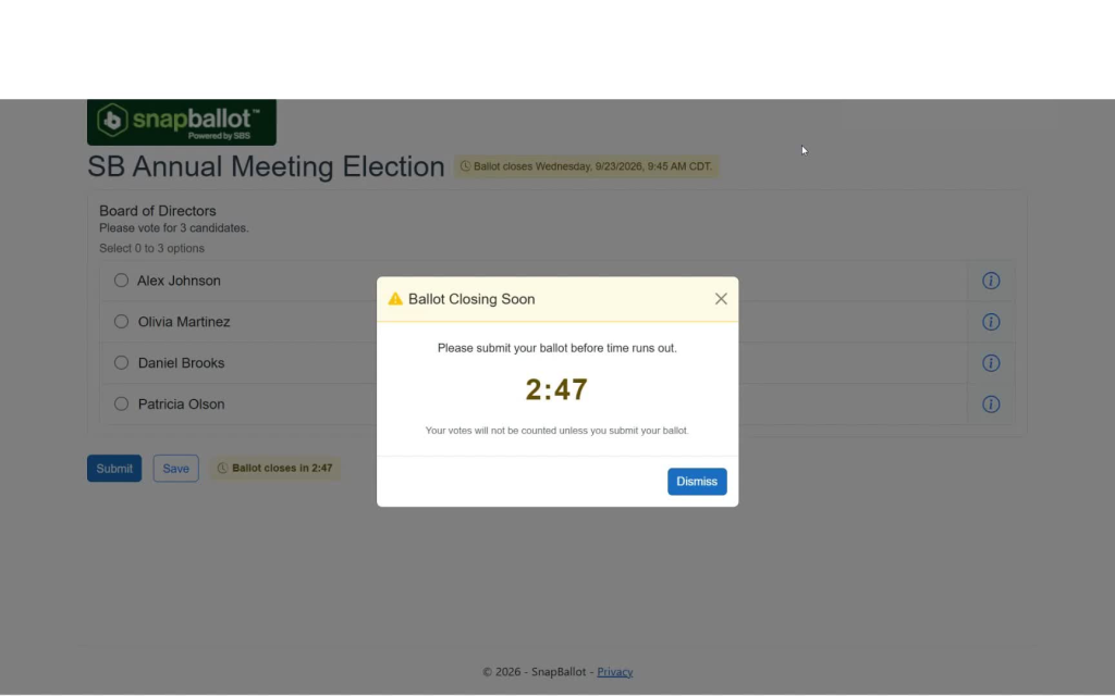 SnapBallot ballot dimmed behind a “Ballot Closing Soon” dialog showing a 2:47 countdown and a Dismiss button.