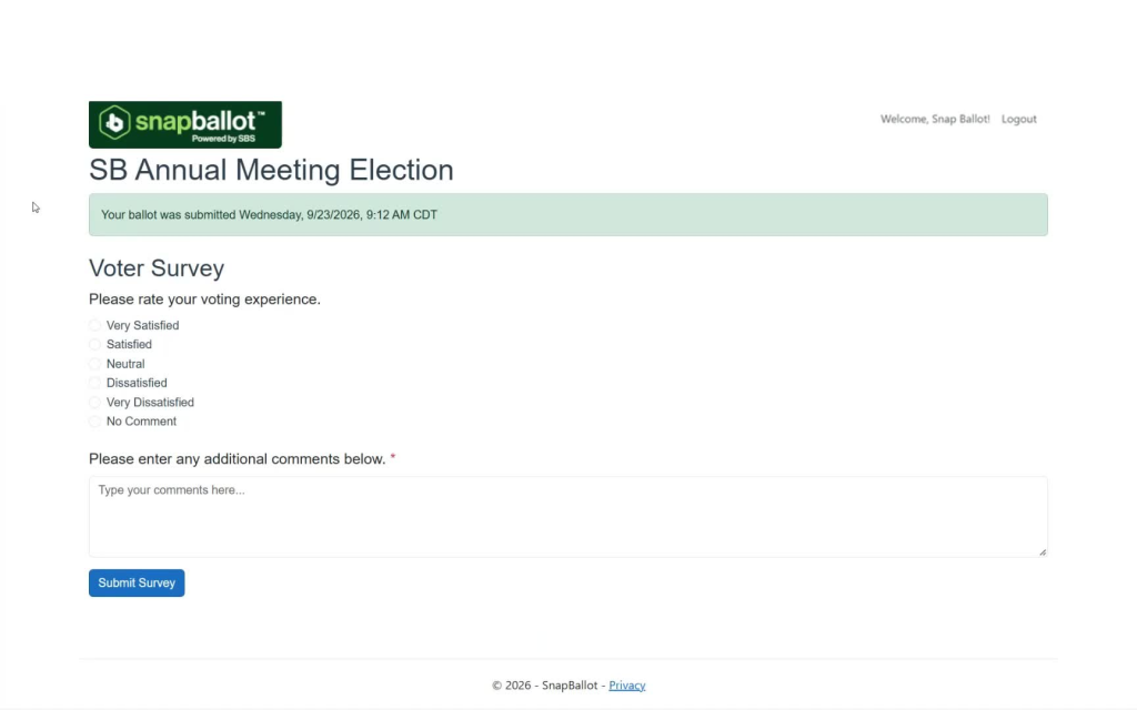 SnapBallot voter survey with satisfaction choices, a comments field, and a Submit Survey button.