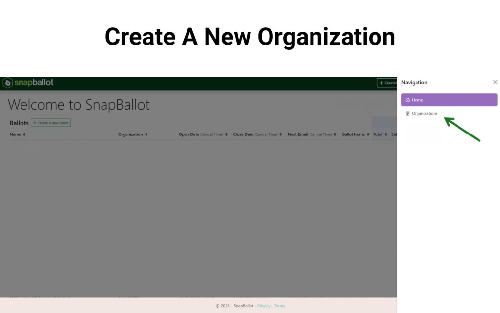 SnapBallot dashboard with the Organizations option highlighted by a green arrow in the navigation menu.