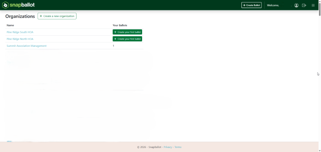 SnapBallot Organizations dashboard listing separate organizations and their available ballot actions.