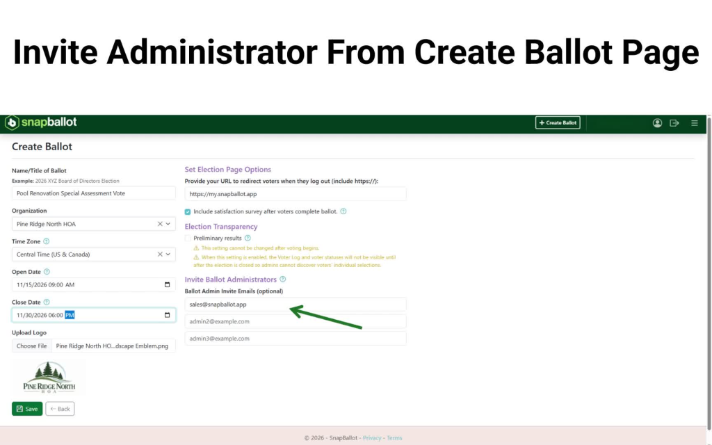 SnapBallot Create Ballot form showing the administrator invitation fields highlighted by a green arrow.
