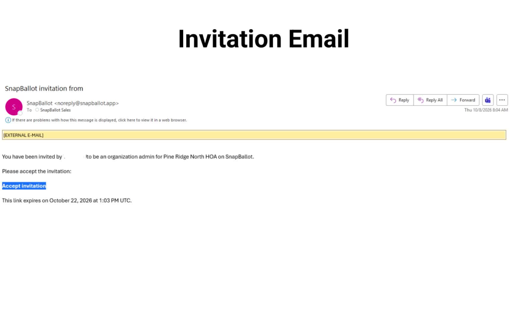 SnapBallot invitation email displaying the acceptance link and invitation expiration date.